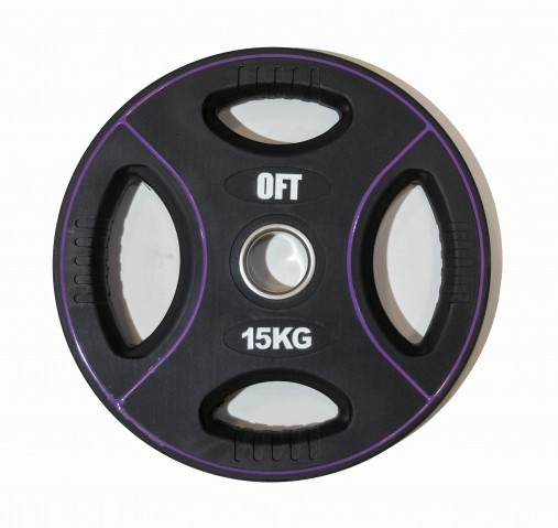 Диск олимпийский полиуретановый черный с четырьмя хватами 15 кг Original Fit.Tools ф50 мм