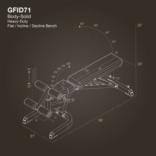 Усиленная силовая скамья Body-Solid GFID71 с регулируемым углом наклона для пресса, упражнений со штангой и гантелями